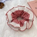 French style red and white checkered oversized scrunchie with lace ruffle design - Red Scalloped Edge - Red Checkered