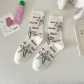 White cotton crew socks with red lettering and black floral pattern in a minimalist style - One Size / Rose Red Small Letters