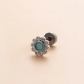 Pendiente de flor en acero quirúrgico con piedra verde y circonitas blancas - Flor de Pétalos de Centro Azul Verdoso (5#) / Plateado