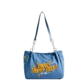 Borsa tote retrò in tela blu con ricamo giallo e spalline a catena argentata - Blu