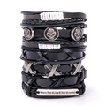 Black leather skull bracelet set with braided cords and engraved inspirational quote plate - Style 11/Black Leather Inscription 'Where there's a will' Skull Bracelet