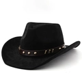 Detail of black wool cowboy hat with brown faux leather band and gold metal studs - M (56-58cm) / Black