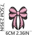 Detailed embroidery texture of pink and black bow patch with precise dimensions - No.8 Pink Black Bow