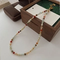 Collier ras de cou en pierres colorées et perles avec perles dorées en acier inoxydable - Style Amazonite Agate Rouge Rétro (49# Collier-Bleu-Rouge)