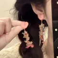 Primer plano de pendientes de corazón rosa y borlas de piedras coloridas en una modelo - 2# Pendientes Largos de Corazón Rosa