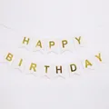 Detailed view of white swallowtail Happy Birthday banner with gold foil letters - White Gold