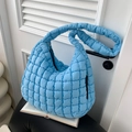 Large quilted puffer shoulder bag in bright blue finish with puffy textured design - Blue