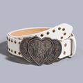 Detail of white leather punk belt with golden studs and vintage silver heart buckle - White