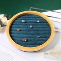 Round bamboo jewelry tray with dark teal velvet inserts for ring display and storage - Continuous Slot / Blue