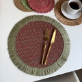 Red and green woven round placemat with fringe for Christmas holiday table decor - Red Green with Green Fringe (35cm Round)