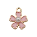 Pink enamel flower pendant with gold metal edges and a pearl center for DIY jewelry making - Beaded Sakura 12x15mm