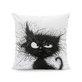 Funda de cojín blanca con ilustración de un gato negro enfadado dibujado a mano alzada - Gato con pelo erizado