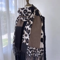 Winter leopard print cashmere scarf with tassel edges in cream and brown color blocking - Coffee