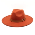 Close-up of orange wool fedora hat with brown faux leather band and metal rivet detail - M (56-58cm) / Caramel color