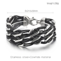 Zweilagiges geflochtenes Armband aus schwarzem Rindsleder mit silbernen Edelstahlakzenten - Geometrischer Breiter Stil (KB25990-D)