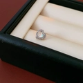 Macro view of heart-shaped silver earrings with moonstone and pavé zircon on a beige cushion - Silver Needle - Silver - Heart