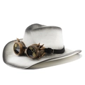 Steampunk cowboy hat in white woven texture with retro goggles and gears - M(56-58cm) / White Black Painted
