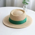 Detail of natural straw texture and green ribbon on a stylish sun hat for summer - 55-58cm Adjustable / Beige with Green Ribbon