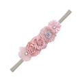 Pink floral baby headband with five fabric flowers, rhinestones and beige elastic band - Pink Tones With Pearls