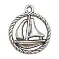 Silver sailing boat charm in rope-textured circular frame for DIY jewelry making - Sailboat
