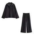 Women's casual dark grey two-piece set featuring lapel long sleeve top and wide leg pants - XS / Set