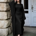 Elegant solid black long sleeve maxi dress with loose draping for formal occasions - S / Black