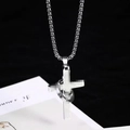 Hip hop silver cross pendant necklace with engraved ring and classic pearl box chain - 60CM / Steel