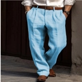 Detail of men's sky blue linen blend trousers showing fabric texture and pleated waist - Light Blue