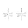 Detailed view of silver dragonfly drop earrings with intricate hollow wing patterns - Platinum Plated