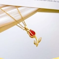 Tulip pendant necklace in gold finish with red gemstone and sparkling leaf detail - Red Cat Eye Necklace / Gold