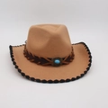Light brown felt jazz hat with black scalloped edge and turquoise stone band - One Size / Camel With Black Edge (Cross Rope)