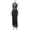 Close-up of the intricate black lace texture and halter neck design on a slim-fit dress - S / Black