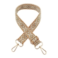 Close-up of bohemian geometric jacquard bag strap with gold metal lobster clasps - Brown and Light Blue Flower
