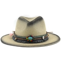 Detail of wide brim straw hat featuring bohemian tassels and colorful bead decorations - M (56-58cm) / Beige Dark Gray Gradient (04)
