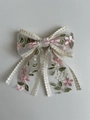 Elegant cream lace hair bow clip featuring pink floral embroidery and green leaf details - Medium - Pink Lotus