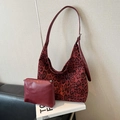 Retro leopard print hobo shoulder bag set with an internal dark red zipper pouch - Leopard Red Set