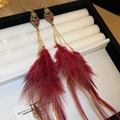 Bohemian wine red feather earrings with gold base and gemstones on white tray - 14# Red Rhinestone Inlaid Feather Hook