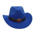 Royal blue wide brim fedora hat with leopard print leather band and metal leopard head - Adult 56-58cm / Sapphire Blue
