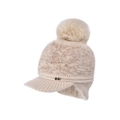 Berretto invernale in maglia beige con paraorecchie, pompon in pelliccia e piccolo logo NY - Beige