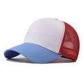 Detail of three-color mesh baseball cap showing breathable red netting and blue brim - Adjustable / Blue & White Mesh