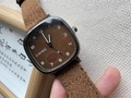 Square quartz watch with brown wood-grain dial and brown suede leather strap - Coffee Strap (73757)