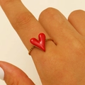 Fashionable golden stainless steel open ring with a bold 3D red heart enamel charm - 18K Gold Plated 3D Red Heart (X111)
