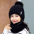 Winter knitted beanie hat and scarf set with black faux fur pompom and fleece lining - Set / Black