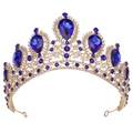 Elegant gold bridal crown with blue teardrop gemstones and clear crystal accents - KC Gold Clear and Blue Rhinestone