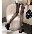 Detail of sheer black tights featuring a distinct back seam line for a slimming leg effect - One Size / Black Back Seam