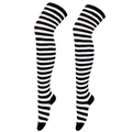Pair of over-the-knee socks with classic black and white horizontal stripe pattern - Black & White Thin Stripes