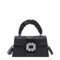 Sac à main noir gaufré crocodile avec boucle en strass et poignée plissée élégante - Noir