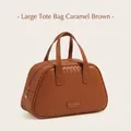 Caramel brown large woven PU leather travel toiletry bag with Enjoy travel metal tag - Handbag Large / Caramel Brown