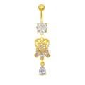 Detail of gold belly button ring with hollow heart design and sparkling zircon stones - Gold Base White Heart Waterdrop Style (24060702-6)