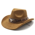 Classic brown suede western cowboy hat with metal bull head buckle and silver studs - Khaki